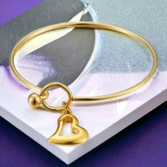 18K Gold Plated 316L Stainless Steel Hollow Heart Dainty Bangle Bracelet - Picture 6 of 7